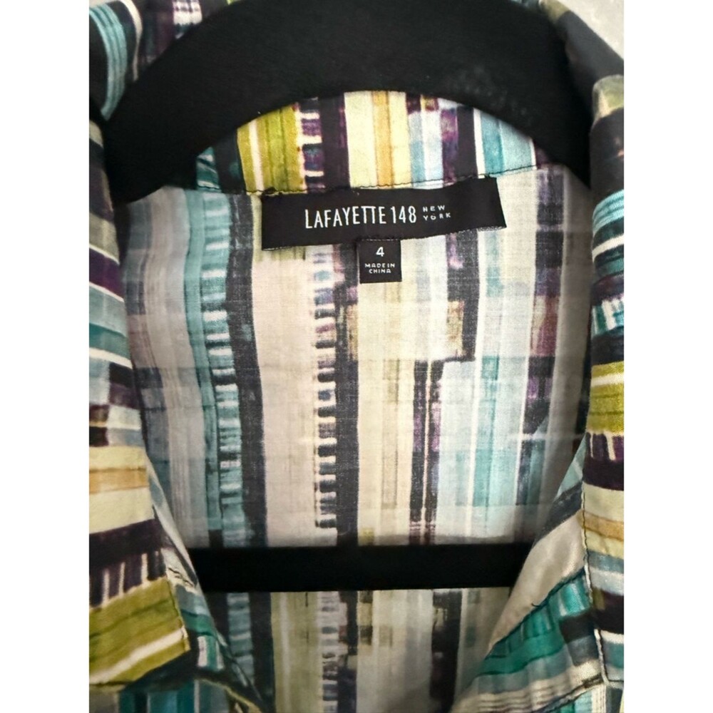 Lafayette 148 New York Abstract Stripe Ruched Sleeve Cotton Stretch Shirt 4 S - Picture 2 of 5